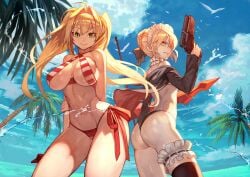 2girls artoria_pendragon_(alter_swimsuit_rider)_(fate) artoria_pendragon_(alter_swimsuit_rider)_(second_ascension)_(fate) artoria_pendragon_(fate) ass beads bikini blonde_hair bracelet braid breasts fate/grand_order fate_(series) french_braid gun hair_intakes halterneck highres jewelry lack large_breasts multiple_girls nero_claudius_(fate) nero_claudius_(fate)_(all) nero_claudius_(swimsuit_caster)_(fate) red_bikini swimsuit sword weapon yellow_eyes