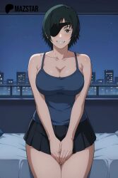 ai_generated bedroom big_breasts big_thighs chainsaw_man eyepatch green_eyes himeno_(chainsaw_man) mazstar patreon_exclusive patreon_leak patreon_only_post patreon_reward shy skirt skirt_lift