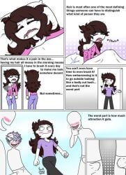 1girls bedhead blush comic erection_under_clothes hair_fetish imminent_sex jaiden_animations multiple_boys nervous threesome waking_up