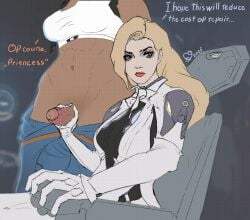 abs animated animated blonde_female blonde_hair blue_eyes clothing dark-skinned_futanari dark_skin foreskin futanari handjob handwear jerking jerkingoff leonie_fevre mecha mecha_break mecha_pilot_suit muscular muscular_futa penis public red_lipstick redbed669 suit text