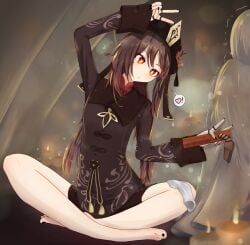 1boy 1girls bare_legs barefoot black_nails brown_hair brown_jacket censored flower fully_clothed fully_clothed_female genshin_impact hat heart_symbol hu_tao_(genshin_impact) long_sleeves measuring measuring_penis peace_sign penis penis_smaller_than_measuring_device red_eyes ruler small_penis small_penis_adoration socks star-shaped_pupils stillwater symbol-shaped_pupils toes