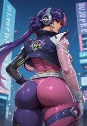 ai_generated alternate_version_at_source ass ass ass_focus big_breasts happy hypet luna_snow_(marvel_rivals) luna_snow_(mirae_2099) marvel_rivals purple_hair shiny_skin short_hair solo standing tagme