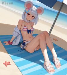 1girls ai_generated beach bikini feet full_body granblue_fantasy looking_at_viewer on_towel outdoors platform_sandals seacreator sitting skinny small_breasts smile solo toes towel