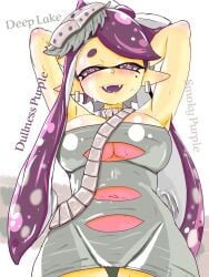 +_+ 1girls armpits arms_behind_head blush breasts callie_(splatoon) cleavage dress earrings english_text fangs female hair hair_ornament inkling inkling_girl jewelry large_breasts long_hair looking_at_viewer looking_down looking_down_at_viewer mole mole_under_eye nintendo open_mouth pointy_ears purple_eyes short_dress splatoon splatoon_(series) splatoon_3 sweat t2ukmyjm teeth tentacle_hair tongue twintails