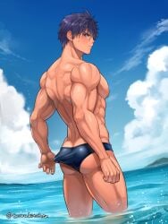 1boy abs ass ass_cleavage ass_focus back_muscles back_view beefy biceps big_ass big_breast blue_hair blush blushing_profusely brown_eyes bubble_butt cloud ebitendon embarrassed erect_nipples gay hand_in_panties hand_on_leg hi_res looking_at_viewer looking_back male male_breasts male_only manly mature_male muscles muscular muscular_arms muscular_ass muscular_back muscular_legs muscular_male muscular_thighs no_visible_genitalia oppai original original_character outdoors pecs plump_ass pulling_panties sea seaside shallow_water short_hair side_view sideboob six_pack sky solo standing standing_in_water sweat sweatdrop swim_briefs swimsuit swimwear thick_arms tight_ass tight_clothing topless torakichi_(ebitendon) torakitchen triceps very_high_resolution yaoi young