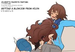 1boy blush brown_hair english_text fellatio female hilbert_(pokemon) hilda_(pokemon) jacket oral pocha pokemon pokemon_bw shorts simple_background sitting