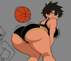 1girls ass ass_focus badjujuarts basketball big_ass big_breasts black_hair breasts clothed dark-skinned_female dark_skin female female_focus female_only from_behind huge_ass looking_at_viewer looking_back natsumi_kurobe senpai_ga_uzai_kouhai_no_hanashi shorts smile solo solo_female solo_focus sports_bra sportswear thick thick_ass thick_thighs tomboy yellow_eyes