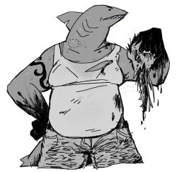 anthro arm_tattoo belly_overhang bite_mark black_and_white blood blood_on_hand bodily_fluids bottomwear bra bra_strap clothing female fin fish gills gore head_fin hi_res holding_head kewpiekills marine monochrome notched_fin pants severed_body_part severed_head shark shark_fin shirt shorts signature simple_background solo sweat sweatdrop sweaty_body tank_top tattoo thick_neck topwear torn_bottomwear torn_clothing torn_shorts undead underwear white_background white_clothing white_shirt white_tank_top white_topwear zombie