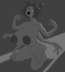 5_eyes appropriat0r big_areola big_breasts fangs female huge_breasts monochrome monster_girl muffet ribbon spider_girl surprised_expression sweat thick_thighs undertale undertale_(series)