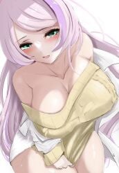 1girls :d aqua_eyes atsugi111 bad_id bad_pixiv_id blush breasts cleavage collarbone covering_crotch covering_privates cowboy_shot game_freak grey_hair highres large_breasts long_hair looking_at_viewer miriam_(pokemon) multicolored_hair nintendo off-shoulder_sweater off_shoulder open_mouth pokemon pokemon_sv purple_hair smile solo streaked_hair sweater swept_bangs very_long_hair yellow_sweater