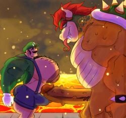 2boys big big_ass big_muscles big_pecs bowser cock fire focus huge luigi male male/male mario_(series) mirovbent moobs muscular muscular_male nintendo only pecs penis size_difference