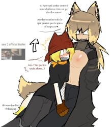 adult_on_young age_difference alternate_species animal_humanoid anthro areola big_breasts blonde_hair blush breasts brother_(lore) brothers_(lore) brown_hair bulge cameohasdied canid canid_humanoid canine canine_humanoid clothed clothing clothing_lift countershading cub cute_fangs dialogue dipstick_ears dipstick_tail duo ear_markings exposure_to_minor fangs female fox fox_humanoid fur furrification glistening glistening_body glistening_breasts glistening_skin hair hat headgear headwear humanoid humanoid_on_anthro kai_(cameohasdied) karma_(ill825) looking_at_breasts male male/female mammal mammal_humanoid markings multicolored_ears multicolored_hair navel nipples open_:3 open_mouth open_smile ponytail red_clothing red_headgear red_headwear shocked sibling_(lore) size_difference smile spanish_text tail tail_markings tan_body tan_fur teeth text two_tone_hair young young_anthro young_male