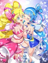 2girls aokaze_nana blonde_hair blue_hair breasts cure_idol cure_wink female_only gambler_club kimi_to_idol_precure magical_girl nipples precure sakura_uta