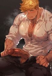 ai_generated bara big_penis blonde_hair blush complexmess gay granblue_fantasy hairy_arms hairy_chest male male_only muscular pecs pectorals penis pubic_hair solo vane_(granblue_fantasy) veiny_penis yaoi