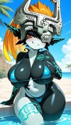 ai_generated bathing_suit big_breasts bikini blush curvaceous_figure curvy hand_on_breast massive_breasts midna nintendo outdoor pool shortstack sirenia smug_grin the_legend_of_zelda the_legend_of_zelda:_twilight_princess wet