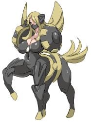 big_breasts black_body blizzardkatikat blonde_hair cynthia_(pokemon) kandenki mask no_background palkia palkia_(origin_form) pokemon transformation yellow_eyes