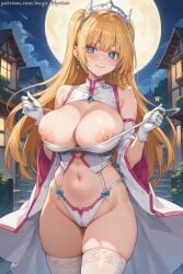 1girl 1girls 2.5_jigen_no_ririsa aegis_elysium ai_art ai_generated amano_ririsa armlet blonde_hair blue_eyes blush blushing blushing_at_viewer breasts cape cleavage cosplay dancer dress earrings female_focus gem gloves hair_ornament headpiece highres holding holding_breast holding_breasts holding_own_breast house huge_breasts jewelry large_breasts leotard liliel_(cosplay) long_hair looking_at_viewer moon navel night nipples nude outdoors patreon patreon_username pov sexy_clothing sky solo solo_focus standing stockings thick_breasts thick_thighs thighs tiara topless tree trees undressing vegetation very_long_hair