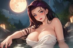 1girls big_breasts blush blush_lines cleavage dh_lucky hot_spring jessie_(pokemon) long_hair magenta_hair moon nude nude_female onsen pink_hair pokemon solo solo_female towel towel_only wet_body wet_hair