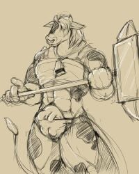 anthro barbarian bovid bovine cattle clothed_female cowbell cowbell_collar facial_piercing female gesture hair hammer hand_gesture holding_object holding_weapon horn mammal nose_piercing nose_ring pandottermon piercing pointing ring_piercing solo tail teats tools udders warhammer weapon