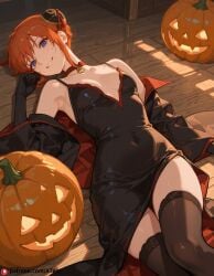 ai_generated grin jack-o'-lantern lying_seductive model_sheet small_breasts thighhighs tsukuyo_(gintama)