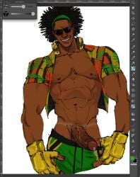 art_program_in_frame black_male deejay_(street_fighter) flashing gloves headphones_around_neck leaking_precum muscular_male partially_clothed solo_male street_fighter sunglasses tanline