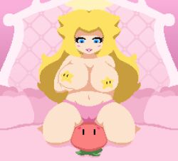 bed big_breasts blonde_hair blush facesitting happy lineless looking_down mario_(series) panties pasties pink_panties princess_peach red_skin tomato_(okami_tomato)