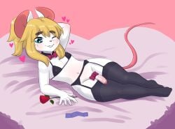 anthro biped blonde_hair blush bra clothed clothing crossdressing femboy garter_belt garter_straps genitals hair hand_behind_head hi_res legwear male mammal marvin_(mr-shin) mouse mr-shin murid murine navel one_eye_closed penis rodent solo thick_thighs thigh_highs underwear white_body