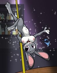 anthro blush bottle breasts color_edit colored container dancing disney female fur grey_body grey_fur hi_res inside judy_hopps lagomorph leporid light lighting mammal nipples nude open_mouth open_smile pole pole_dancing purple_eyes rabbit smile solo sparkles spotty_the_cheetah stripper third-party_edit tongue white_body white_fur zootopia