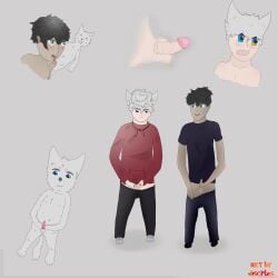 2boys cum lumine_(webtoon) masturbation non-human sketch sucking toony white_hair