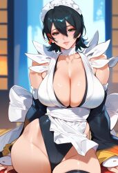 2d ai_generated big_breasts black_hair cleavage female female_focus female_only indoors iroha iroha_(samurai_spirits) leotard maid_headdress samurai_shodown samurai_spirits short_hair solo solo_female solo_focus tagme