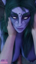 1male 3d big_breasts cock green_hair holding_face huge_breasts joasenha large_breasts light-skinned_male penis pov thick_lips tyrande_whisperwind watermark world_of_warcraft