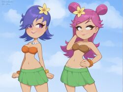 2025 2girls ai_assisted ai_generated ami_onuki beach bracelet cartoon_network coconut_bikini flower flower_in_hair hi_hi_puffy_amiyumi hula island leaf_skirt necklace png warner_brothers yumi_yoshimura