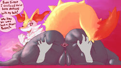 2015 anthro anus ass ass_grab big_ass braixen canine color dialogue disembodied_hand duo ear_tuft english_text fangs female fox fur hand_on_ass huge_ass human inner_ear_fluff looking_at_viewer looking_back male male_human/female_anthro male_human/female_pokemon mammal nintendo nude open_mouth plump_labia pokémon_(species) pokemon pokemon_(species) pussy raised_eyebrow red_fur signirsol smile solo_focus speech_bubble text tuft video_games white_fur yellow_fur