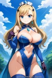 1girls aegis_elysium ai_art ai_generated blonde_hair blue_eyes blue_thighhighs blush blushing_at_viewer breasts brown_eyes bush cape cleavage cloud clouds day dress earrings edens_zero female_focus gem gloves hair_ornament headpiece highleg highleg_leotard highres huge_breasts jewelry large_breasts leotard long_hair looking_at_viewer navel outdoors patreon patreon_username rebecca_bluegarden sky solo solo_focus standing thick_breasts thick_thighs thighhighs thighs tiara tree trees turtleneck_leotard vegetation very_long_hair