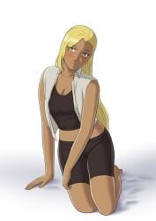 black_top blonde_hair clothed compression_shorts crescent_moon_sadino dark-skinned_female female gold_eyes kaedeyayy kneeling mahou_shoujo_tokushusen_asuka solo spandex stomach