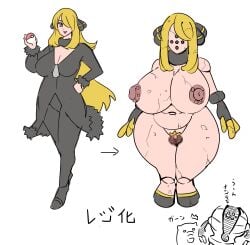 big_breasts blizzardkatikat censored corruption cynthia_(pokemon) degradation degraded drowzee faceless identity_death japanese_text kandenki naked naked_female no_background pokemon pokemon_(species) pokemon_transformation registeel transformation translated translation_check wide_hips