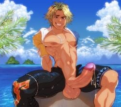 1boy 2d 2d_(artwork) 2d_artwork anma balls beach big_balls big_penis blonde_hair blue_eyes brown_areola brown_nipples clouds cum cumming detailed_background erect_penis erection fanart final_fantasy_x grin island looking_at_viewer male male_only muscular muscular_male navel necklace nipples no_penetration no_sex nsfw ocean outdoors outside palm_tree partially_clothed pecs pectorals penis public raised_eyebrow sitting sky smiling smiling_at_viewer solo solo_focus solo_male teeth teeth_clenched teeth_showing thick_penis tidus trees triceps veiny_penis water