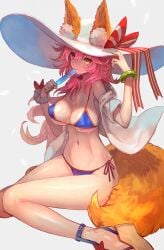 10s 1girls animal_ears bikini blue_bikini breasts cleavage ears_through_headwear fate/extra fate_(series) female_focus food fox_ears fox_girl fox_tail grey_background halterneck hat highres lack large_breasts large_hat licking long_hair navel pink_hair popsicle side-tie_bikini_bottom simple_background sitting smile solo string_bikini sun_hat sweat swimsuit tail tamamo_(fate) tamamo_no_mae_(fate/extra) tamamo_no_mae_(swimsuit_lancer)_(fate) tamamo_no_mae_(swimsuit_lancer)_(third_ascension)_(fate) tongue tongue_out white_hat yellow_eyes