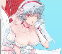 bride choker cleavage feige's_violent_words female female_only genderswap_(mtf) ginko_sakata gintama gintoki_sakata gloves hairband medium_breasts necklace red_eyes ribbon_choker rule_63 short_hair solo upper_body very_short_hair wedding_dress white_hair wink