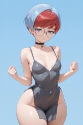 ai_generated arfx bare_thighs game_freak glasses grey_eyes huge_thighs light-skinned_female light_skin looking_at_viewer multicolored_hair nintendo penny_(pokemon) pokemon pokemon_sv short_hair small_breasts solo_female squatting sweat sweatdrop thick_body thick_female thick_thighs thighs thighs_bigger_than_head two_tone_hair voluptuous voluptuous_female