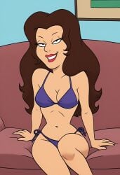 2025 ai_generated bikini blue_bikini brown_hair d3rmal dr._amanda_rebecca family_guy house indoors long_hair normal_breasts sfw simple_background sitting sitting_on_couch smile smiling_at_viewer tagme