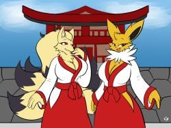 2girls anthro breasts cleavage clothed clothing creatures_(company) eeveelution female female_focus female_only fur furry furry_female furry_only game_freak generation_1_pokemon hips jolteon nine_tailed_fox ninetales nintendo pokémon_(species) pokemon pokemon_(species) pokemon_rgby tail the_k9_team thick_thighs thighs wide_hips