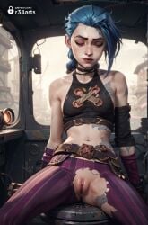 1girls ai_generated arcane asymmetrical_bangs bare_shoulders belt blue_hair braid breasts choker closed_eyes crop_top gloves hi_res jinx_(league_of_legends) league_of_legends long_hair navel netflix pants pink_pants pussy r34arts riot_games sitting small_breasts solo spread_legs striped_clothes striped_pants tattoo torn_clothes torn_pants twin_braids uncensored