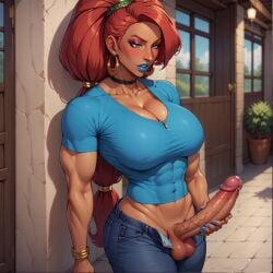 ai_generated blue_shirt erect_penis futanari muscular_futanari urbosa veiny_penis