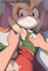 1girls ai_generated animal_ears arms_behind_head blush brown_eyes bunny_ears clothed cream_the_rabbit embarrassed forced furry furry_female grabbing grabbing_breasts groping groping_breasts human human_on_anthro looking_pleasured patreon pov pov_hands rabbit rabbit_ears ripped_clothing shortstack size_difference slim_waist small_breasts smaller_female sonic_(series) sonic_the_hedgehog_(series) sweat sweatdrop sweating tan_fur torn_clothes vanstyler