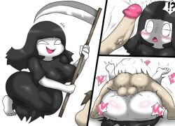 !? 2d 2d_(artwork) 5_fingers 5_toes anthro black_hair black_skirt blush breasts enigi09 feet female grim_reaper hanako-san_ga_kita human instant_loss_2koma legs_up male male_domination male_penetrating_female mating_press penis penis_in_pussy raped sacchan_(hanako-san_ga_kita) sickle smiley_face suprised tagme toes white_background white_eyes white_eyes_female