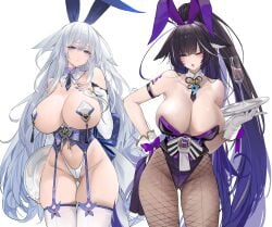 2girls absurdres adapted_costume alternate_costume animal_ears azur_lane bare_shoulders black_hair blue_eyes blue_nails blush breasts brown_eyes cleavage collarbone cup detached_collar detached_sleeves dishwasher1910 drinking_glass facial_mark fake_animal_ears fingernails fishnet_pantyhose fishnets fox_ears fox_girl garter_straps gloves gluteal_fold gradient_hair highleg highleg_leotard highres large_breasts leotard long_hair long_sleeves looking_at_viewer magatama multicolored_hair multiple_girls musashi_(azur_lane) musashi_(the_purple_rabbit's_marksmanship)_(azur_lane) nail_polish navel nipple_tassels official_alternate_costume one_eye_closed open_mouth pantyhose pasties playboy_bunny ponytail purple_hair purple_leotard rabbit_ears shinano_(azur_lane) simple_background thigh_gap thighhighs thighs tray variant_set very_long_hair white_background white_gloves white_hair white_sleeves white_thighhighs