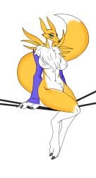 anthro bandai_namco big_breasts black_sclera blue_eyes breasts digimon digimon_(species) fluffy_chest furry nipples renamon tail thewatcherofworlds thighs yellow_fur