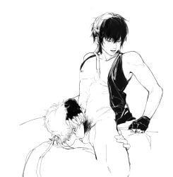 2boys aged_down balls blush bottomless closed_eyes fellatio fingerless_gloves gay gintama gintoki_sakata gloves hand_on_another's_head headband hokukei male male_only male_pubic_hair monochrome official_alternate_costume open_shirt oral pubic_hair spread_legs takasugi_shinsuke toned toned_male vest yaoi