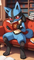 1girls 2025 ai_generated anthro black_fur blue_fur blushing book digitigrade female female_only generation_4_pokemon hi_res holding_object indoors innie_pussy looking_at_viewer lucario nintendo nude nude_female pokemon pokemon_(species) pussy red_eyes sitting spikes